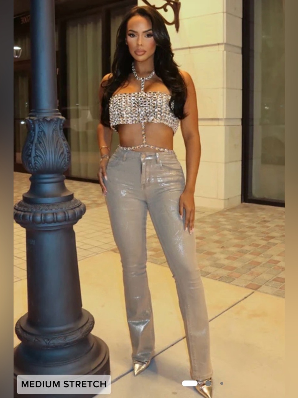 Fashion Nova Shine Bright Foil Stretch Bootcut Shiny Silver Jeans Size 7